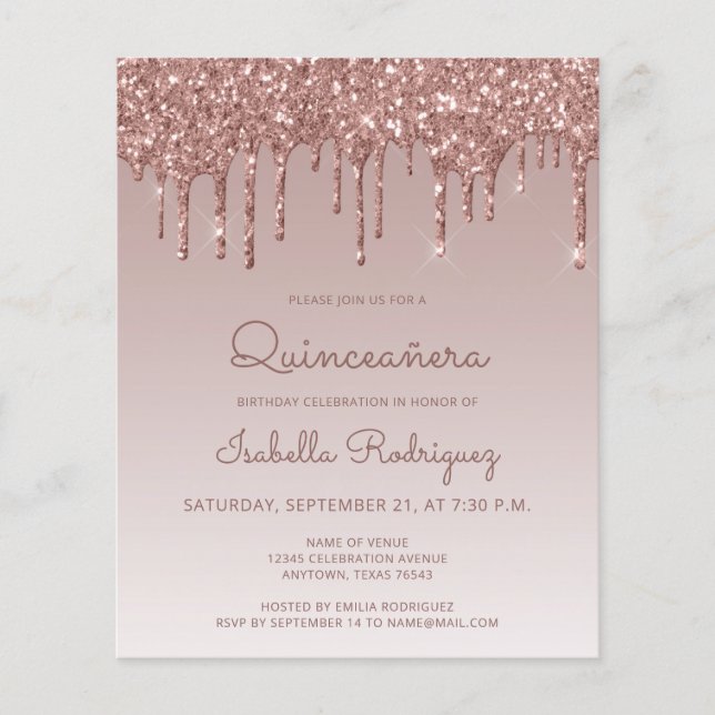 Budget Quinceañera Rose Gold Glitzer Einladung (Vorderseite)
