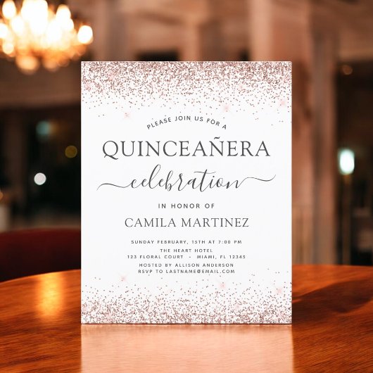 Budget Quinceanera Rose Gold Glitzer Einladung Flyer