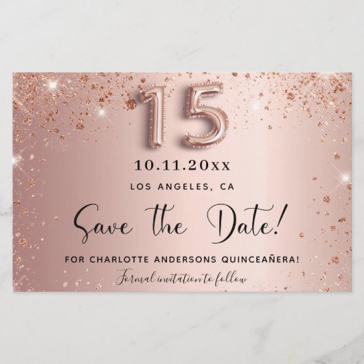 Budget Quinceanera Rose Gold Glitzer Save the Date (Vorderseite)