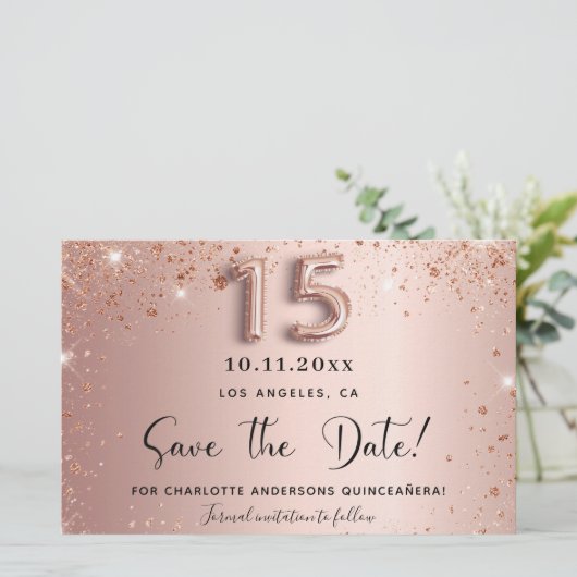 Budget Quinceanera Rose Gold Glitzer Save the Date (Stehend Vorderseite)