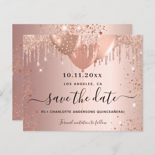 Budget Quinceanera Rose Gold Glitzer Save the Date (Vorne/Hinten)
