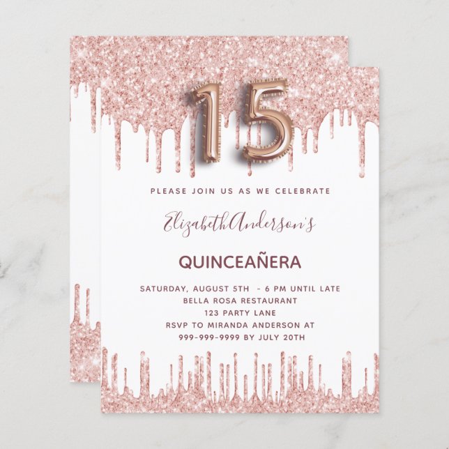 Budget Quinceanera Rose Gold Glitzer Tropfen rosa (Vorne/Hinten)