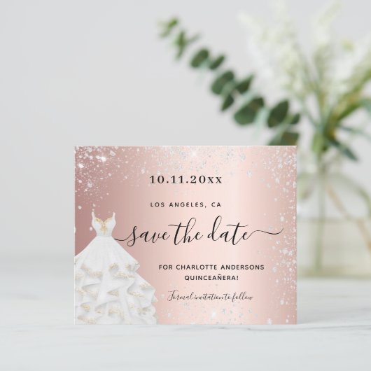 Budget Quinceanera Rose Silber Kleid Save the Date (Stehend Vorderseite)