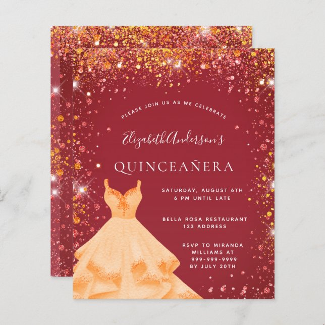 Budget Quinceanera Rotgoldkleid Glitzer Staub (Vorne/Hinten)