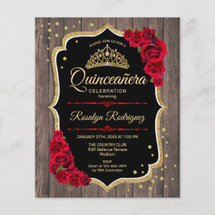 Budget Quinceanera Rustikales Holz Gold Rote Einla Flyer