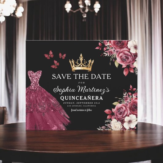 Budget Quinceanera Save the Date Blumenburgund Flyer