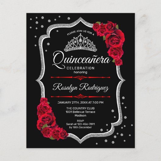 Budget Quinceanera - Schwarz-Silber-Rote Einladung Flyer (Vorne)