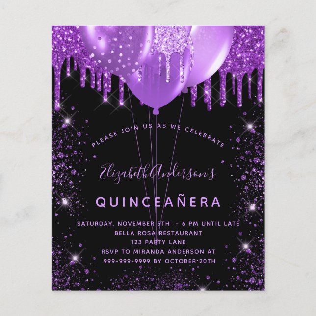 Budget Quinceanera schwarze lila Glitzer Ballons (Vorderseite)