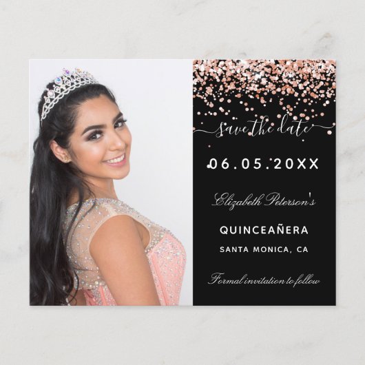 Budget Quinceanera schwarze Rose Foto Save the Dat (Vorderseite)