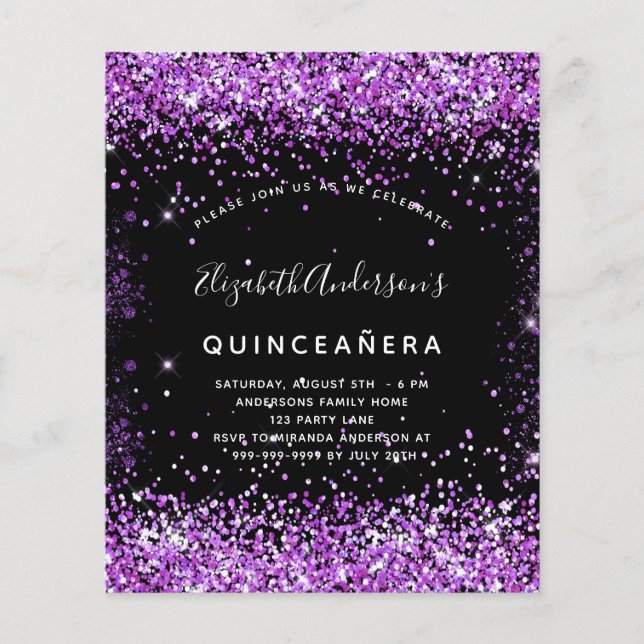 Budget Quinceanera Schwarzer lila Glitzer Einladun (Vorderseite)