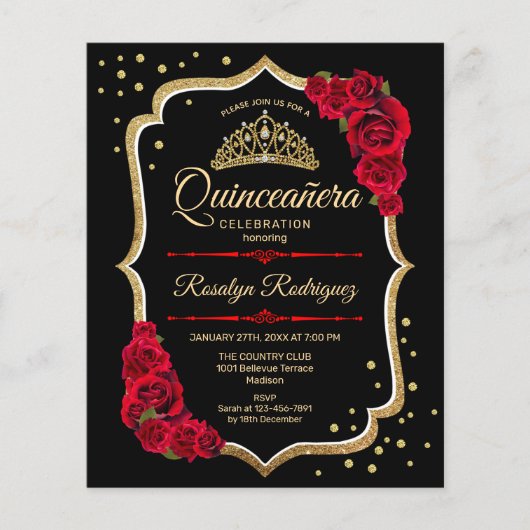 Budget Quinceanera - Schwarzes Rotes Gold Einladun Flyer (Vorne)