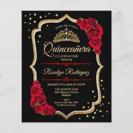 Budget Quinceanera - Schwarzes Rotes Gold Einladun Flyer