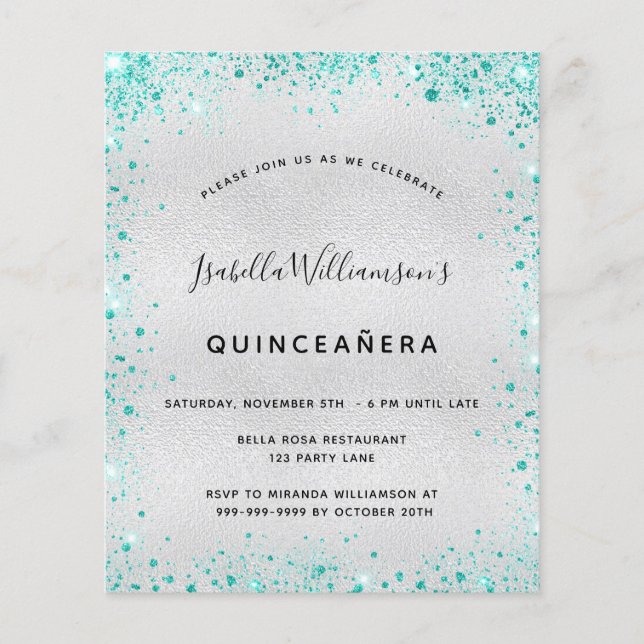 Budget Quinceanera Silber aquamarine Glitzer Einla (Vorderseite)