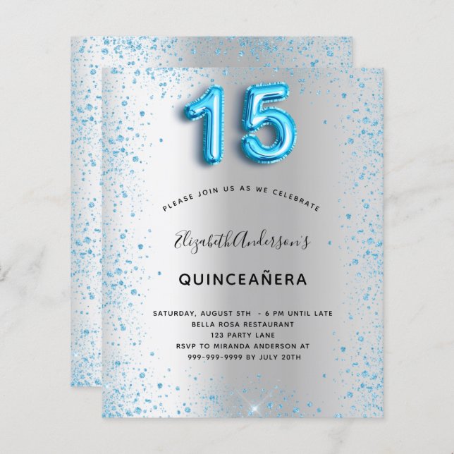 Budget Quinceanera Silberblauer Glitzer Einladung (Vorne/Hinten)