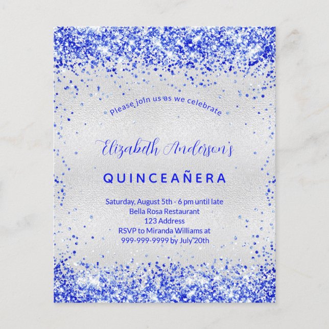 Budget Quinceanera Silberkönigsblauer Einladung (Vorderseite)