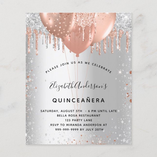 Budget Quinceanera Silberne Rose Goldballons (Vorderseite)