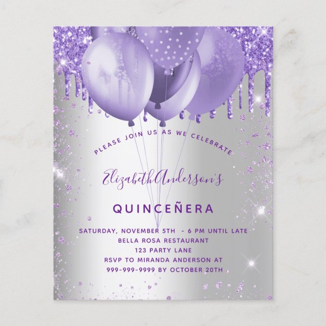 Budget Quinceanera Silberviolett Einladung (Vorderseite)
