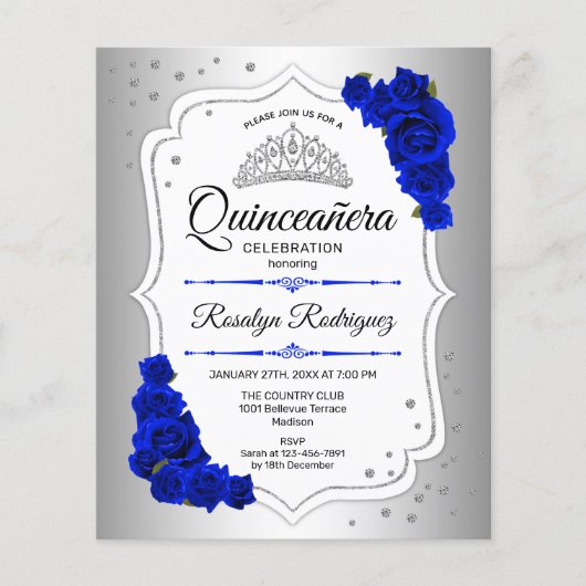 Budget Quinceanera Silver White Royal Blue Einladu Flyer (Vorne)