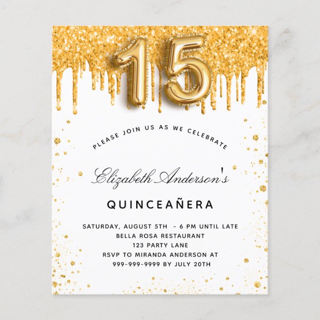 Budget Quinceanera Weißgold Party Einladung (Vorderseite)