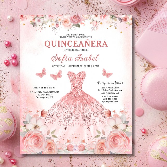Budget Quinceñera Blush Pink Floral Butterfly (Von Creator hochgeladen)