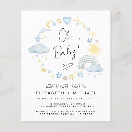 Budget Rainbow Baby Boy Couples Dusche Einladung (Vorderseite)