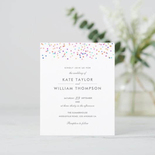 Budget Rainbow Confetti Foto Hochzeit Einladung (Stehend Vorderseite)