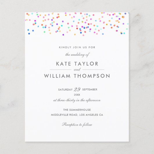 Budget Rainbow Confetti Wedding Einladung (Vorderseite)