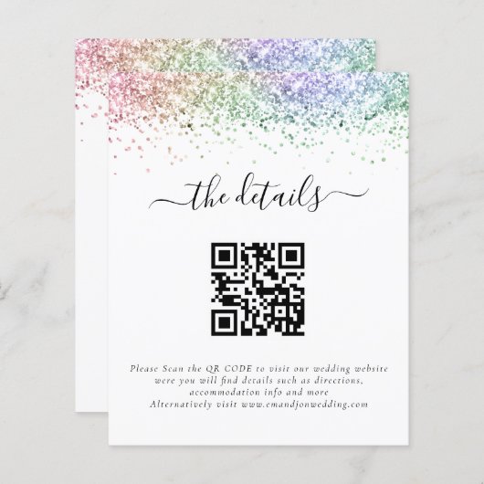 Budget Rainbow Glitzer QR Code Hochzeitsdetails (Vorne/Hinten)