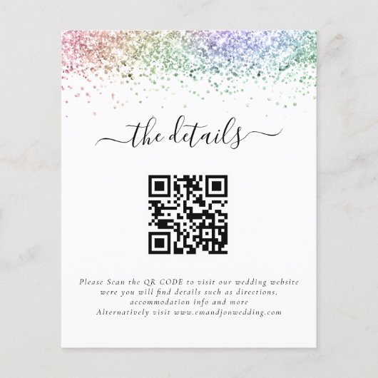 Budget Rainbow Glitzer QR Code Hochzeitsdetails (Vorderseite)