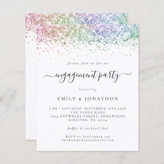 Budget Rainbow Glitzer Script Verlobung Einladung (Vorne/Hinten)