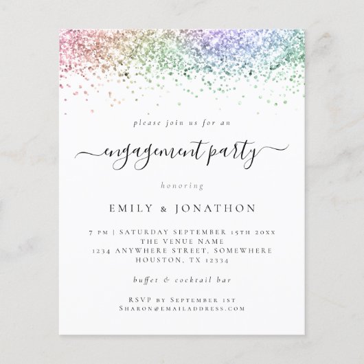 Budget Rainbow Glitzer Script Verlobung Einladung (Vorderseite)