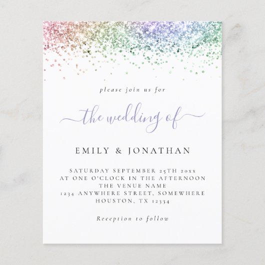 Budget Rainbow Glitzer Script Wedite Einladung (Vorderseite)