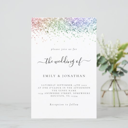 Budget Rainbow Glitzer Wedding White Invite (Stehend Vorderseite)