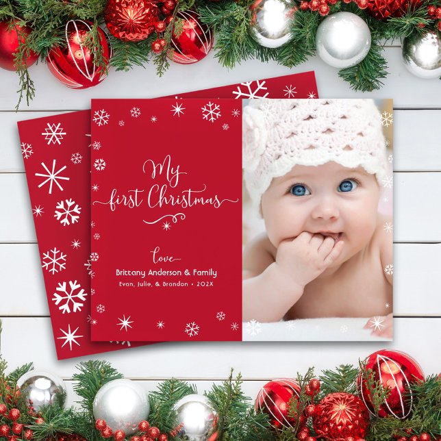 Budget Red 1 Weihnachtsjunges Foto Snowflake Card (Von Creator hochgeladen)