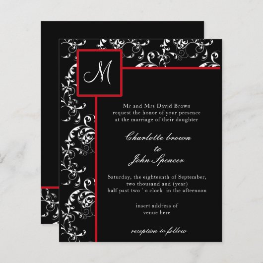 Budget Red Black Damask Hochzeitseinladungen (Vorne/Hinten)
