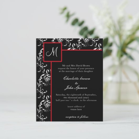 Budget Red Black Damask Hochzeitseinladungen (Stehend Vorderseite)