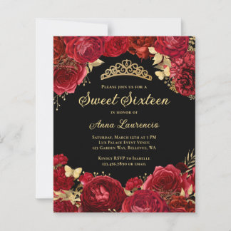 Budget Red Black Floral Sweet 16 Party Einladungen