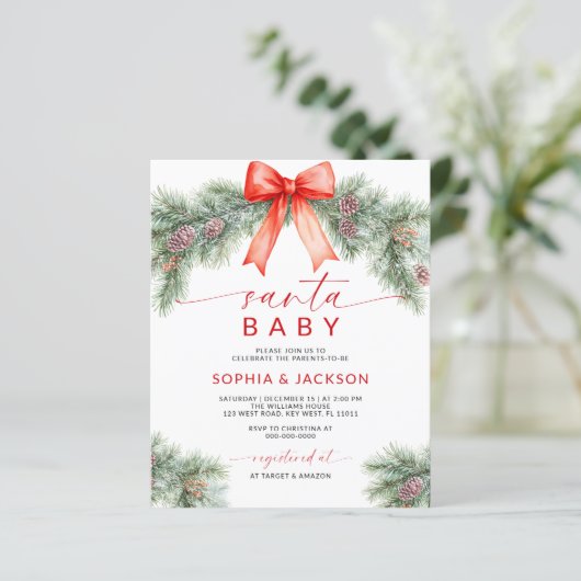Budget Red Bow Weihnachts-Weihnachtsdusche Einladu (Stehend Vorderseite)