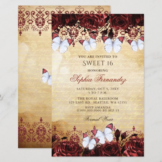 Budget Red Butterfly Sweet 16 Einladung (Vorne/Hinten)