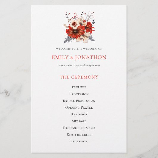 Budget Red Cream Florals Foliage Wedding Programm (Vorderseite)
