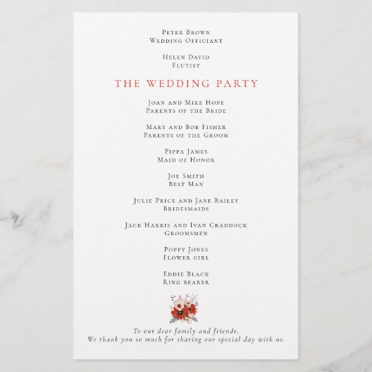 Budget Red Cream Florals Foliage Wedding Programm (Rückseite)