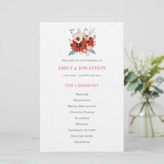 Budget Red Cream Florals Foliage Wedding Programm (Stehend Vorderseite)