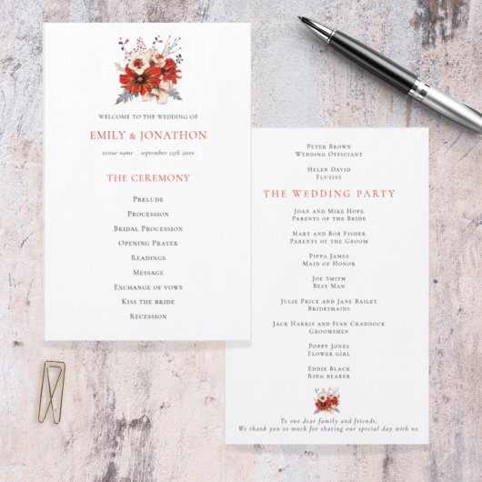 Budget Red Cream Florals Foliage Wedding Programm
