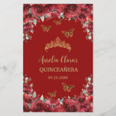 Budget Red Floral Gold Quinceañera Sweet 16 Menü (Rückseite)
