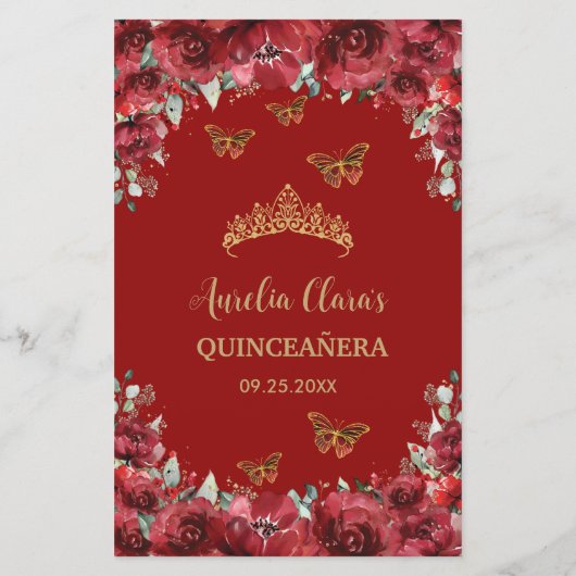 Budget Red Floral Gold Quinceañera Sweet 16 Menü (Rückseite)