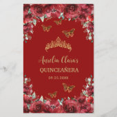 Budget Red Floral Gold Sweet 16 Quinceañera Menü (Hinten)