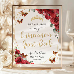 Budget Red Floral Quinceanera Birthday Gästebuch