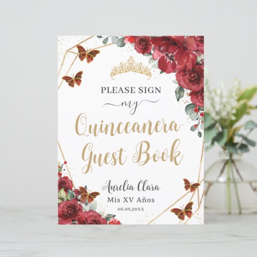 Budget Red Floral Quinceanera Birthday Gästebuch (Stehend Vorderseite)