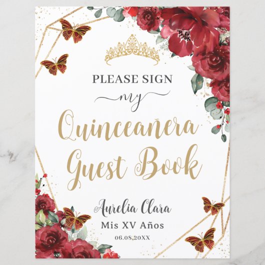 Budget Red Floral Quinceanera Birthday Gästebuch (Vorderseite)