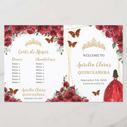 Budget Red Floral Quinceañera Orders Event Program (Vorderseite)